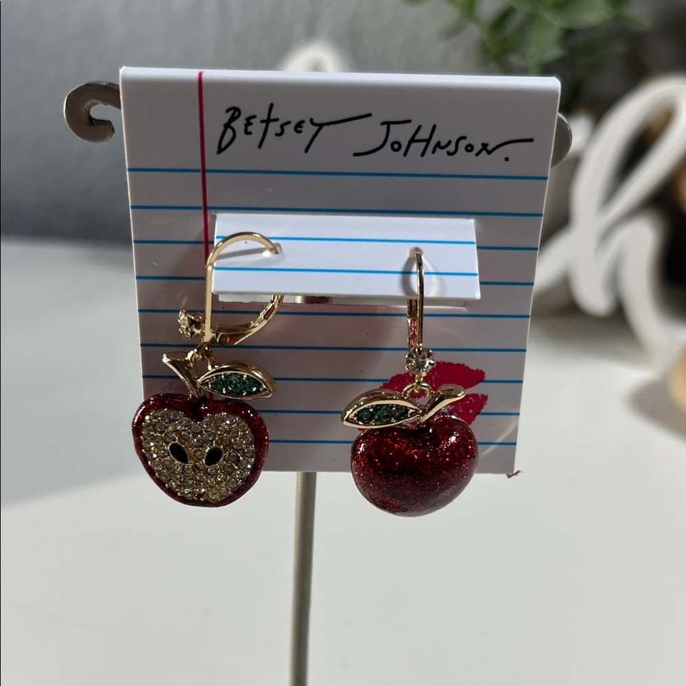 Betsey Johnson Red Glitter Apple Drop Earrings with Green Leaves
